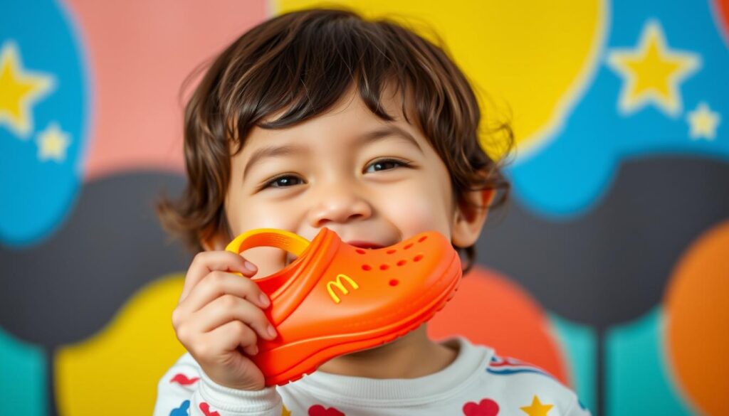Image of a child holding a McDonald's Crocs Happy Meal toy Image of a child holding a McDonald's Crocs Happy Meal toy