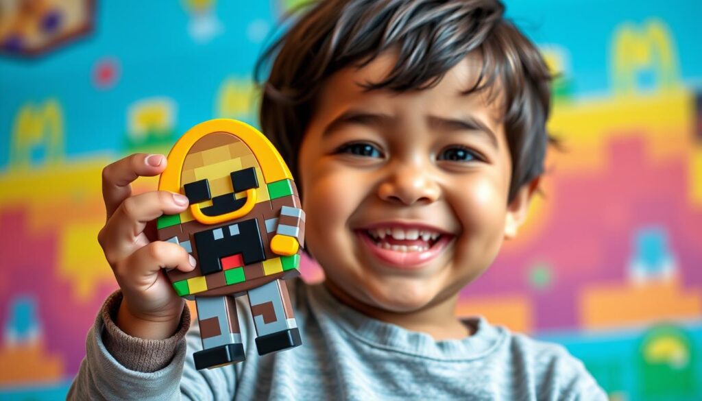 Image of a child holding a Minecraft-themed Happy Meal toy Image of a child holding a Minecraft-themed Happy Meal toy