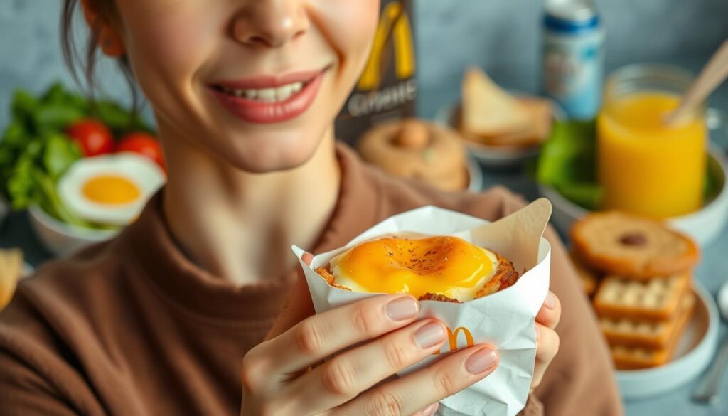 Image of a person holding a McDonald's breakfast item, with a subtle background of a balanced breakfast. Image of a person holding a McDonald's breakfast item, with a subtle background of a balanced breakfast.