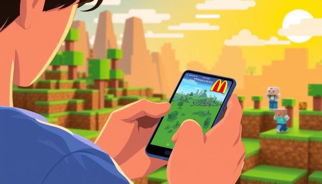 Image of a person using the McDonald's app on their smartphone, with Minecraft game elements in the background. Image of a person using the McDonald's app on their smartphone, with Minecraft game elements in the background.