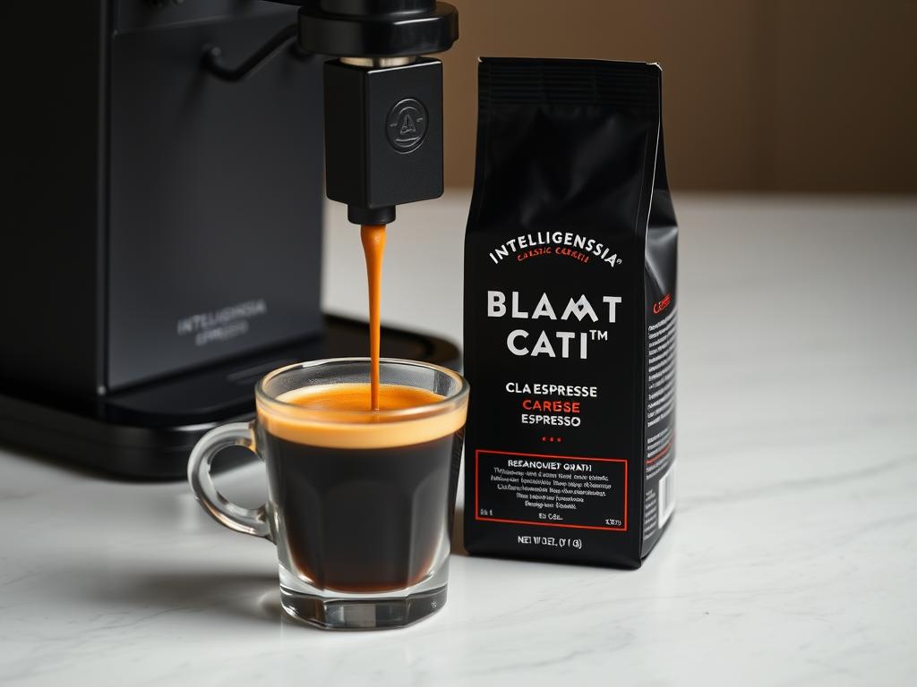 Intelligentsia Black Cat Classic Espresso package with espresso being pulled Intelligentsia Black Cat Classic Espresso package with espresso being pulled