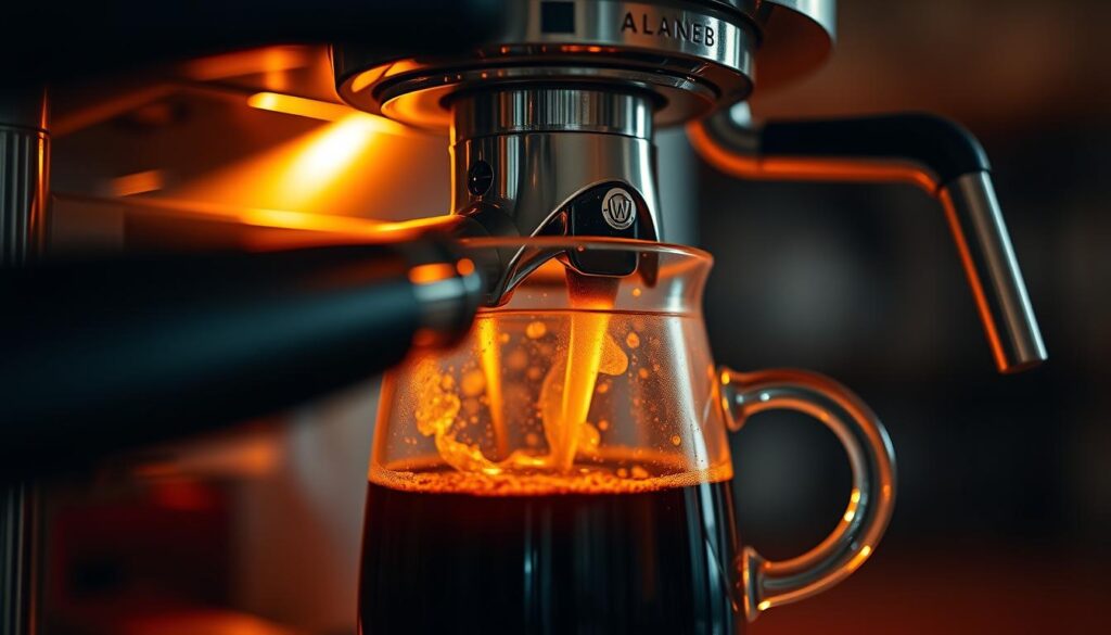 Intricate close-up of an espresso machine brewing a rich, dark coffee. Warm, golden lighting illuminates the metallic body and glass carafe, creating a cozy, cafe-like atmosphere. Delicate streams of steam and froth rise from the portafilter, hinting at the flavorful extraction. The angle showcases the precision and craftsmanship of the machine, inviting the viewer to imagine the aroma and taste of the impending brew. Shallow depth of field blurs the background, keeping the focus on the brewing process. Overall, a tempting, high-quality image that captures the essence of crafting espresso-style coffee in a standard drip machine. Intricate close-up of an espresso machine brewing a rich, dark coffee. Warm, golden lighting illuminates the metallic body and glass carafe, creating a cozy, cafe-like atmosphere. Delicate streams of steam and froth rise from the portafilter, hinting at the flavorful extraction. The angle showcases the precision and craftsmanship of the machine, inviting the viewer to imagine the aroma and taste of the impending brew. Shallow depth of field blurs the background, keeping the focus on the brewing process. Overall, a tempting, high-quality image that captures the essence of crafting espresso-style coffee in a standard drip machine.