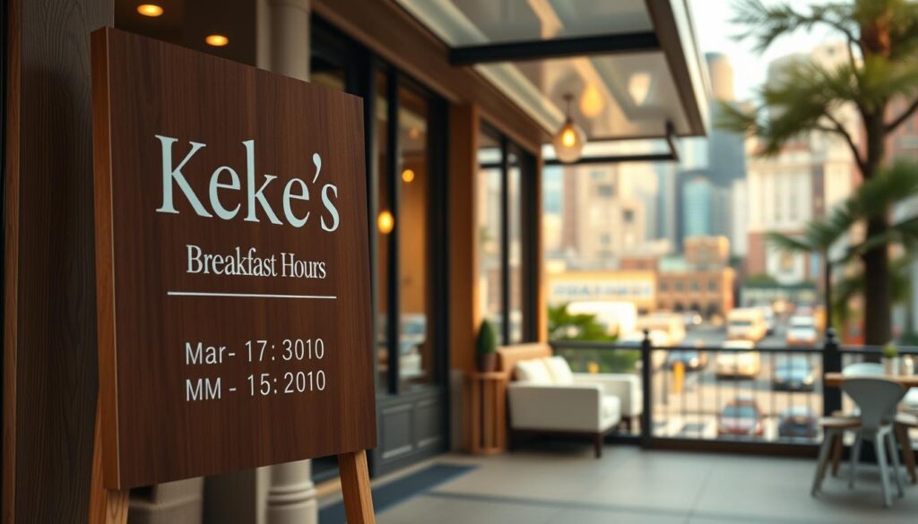 Keke's breakfast hours spread across an elegant, minimalist storefront display. In the foreground, a sleek wooden sign showcases the business hours in a clean, modern typeface. The middle ground features a warm, inviting interior with plush seating and natural light filtering through large windows. In the background, a vibrant cityscape sets the scene, hinting at the bustling neighborhood Keke's calls home. The lighting is a soft, diffused glow, creating a cozy, welcoming atmosphere. The composition is balanced, with the sign and interior details drawing the eye, while the cityscape provides a subtle, contextual backdrop. The overall mood is one of peaceful productivity, capturing the essence of Keke's as a premier breakfast destination. Keke's breakfast hours spread across an elegant, minimalist storefront display. In the foreground, a sleek wooden sign showcases the business hours in a clean, modern typeface. The middle ground features a warm, inviting interior with plush seating and natural light filtering through large windows. In the background, a vibrant cityscape sets the scene, hinting at the bustling neighborhood Keke's calls home. The lighting is a soft, diffused glow, creating a cozy, welcoming atmosphere. The composition is balanced, with the sign and interior details drawing the eye, while the cityscape provides a subtle, contextual backdrop. The overall mood is one of peaceful productivity, capturing the essence of Keke's as a premier breakfast destination.
