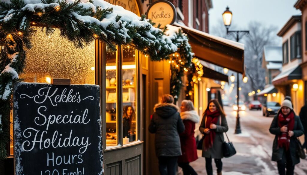 Keke's storefront on a snowy winter evening, warm lights glowing through the frosty windows. In the foreground, a chalkboard sign displaying the "Special Holiday Hours" in elegant cursive. Garlands of pine and twinkling lights frame the entryway, creating a cozy, festive atmosphere. The middle ground features people bundled up in scarves and coats, hurrying in and out of the shop. In the background, a dusting of snow covers the quaint street, streetlamps casting a soft, golden glow. The overall scene evokes a sense of holiday cheer and small-town charm. Keke's storefront on a snowy winter evening, warm lights glowing through the frosty windows. In the foreground, a chalkboard sign displaying the "Special Holiday Hours" in elegant cursive. Garlands of pine and twinkling lights frame the entryway, creating a cozy, festive atmosphere. The middle ground features people bundled up in scarves and coats, hurrying in and out of the shop. In the background, a dusting of snow covers the quaint street, streetlamps casting a soft, golden glow. The overall scene evokes a sense of holiday cheer and small-town charm.