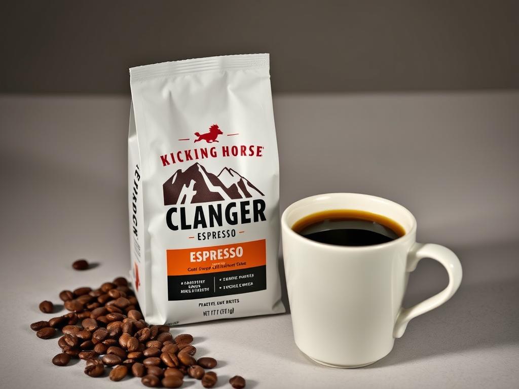 Kicking Horse Coffee Cliff Hanger Espresso package with beans and espresso cup Kicking Horse Coffee Cliff Hanger Espresso package with beans and espresso cup