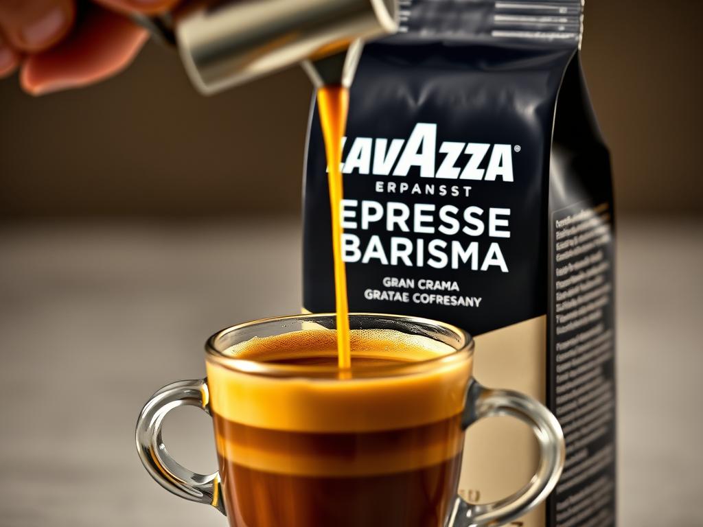 Lavazza Espresso Barista Gran Crema package with an espresso shot being pulled Lavazza Espresso Barista Gran Crema package with an espresso shot being pulled