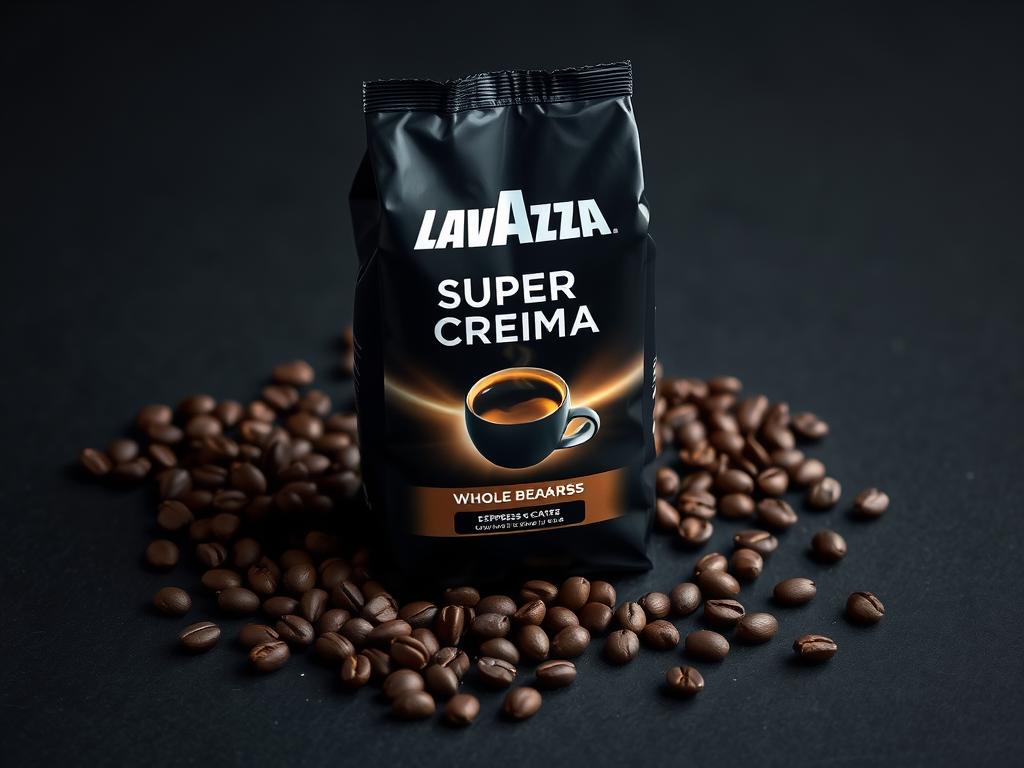 Lavazza Super Crema espresso beans package with beans scattered around it Lavazza Super Crema espresso beans package with beans scattered around it