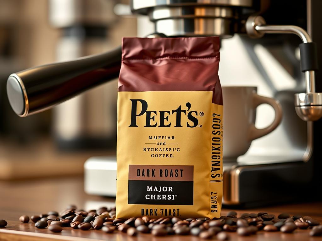 Peet's Coffee Major Dickason's Blend package with espresso being prepared Peet's Coffee Major Dickason's Blend package with espresso being prepared