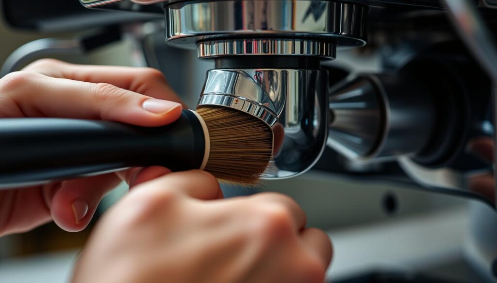 Person cleaning an espresso machine group head with a brush
