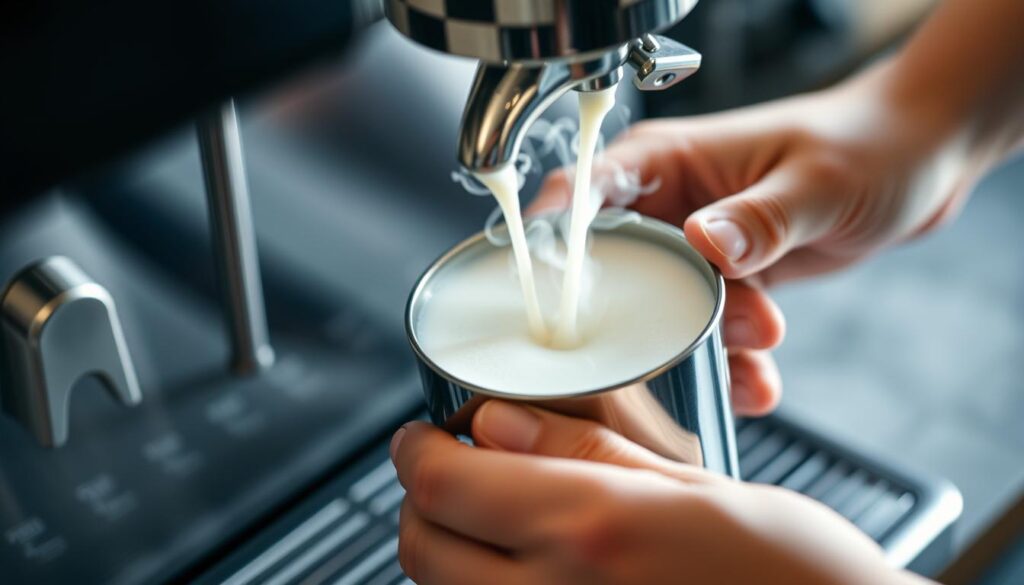 Person steaming milk with espresso machine steam wand creating microfoam