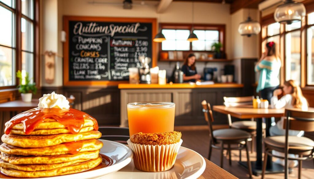 Seasonal specials and promotions at Keke's Breakfast Cafe: A cozy, well-lit interior with wooden accents and natural light streaming through large windows. In the foreground, a seasonal display featuring pumpkin spice pancakes, a warm apple cider, and a cranberry-orange muffin. The middle ground showcases a chalkboard menu highlighting limited-time autumn-inspired dishes and drinks. In the background, a friendly barista prepares coffee drinks while customers enjoy their meals at neatly arranged tables. An overall atmosphere of inviting hospitality and autumn comfort. Seasonal specials and promotions at Keke's Breakfast Cafe: A cozy, well-lit interior with wooden accents and natural light streaming through large windows. In the foreground, a seasonal display featuring pumpkin spice pancakes, a warm apple cider, and a cranberry-orange muffin. The middle ground showcases a chalkboard menu highlighting limited-time autumn-inspired dishes and drinks. In the background, a friendly barista prepares coffee drinks while customers enjoy their meals at neatly arranged tables. An overall atmosphere of inviting hospitality and autumn comfort.