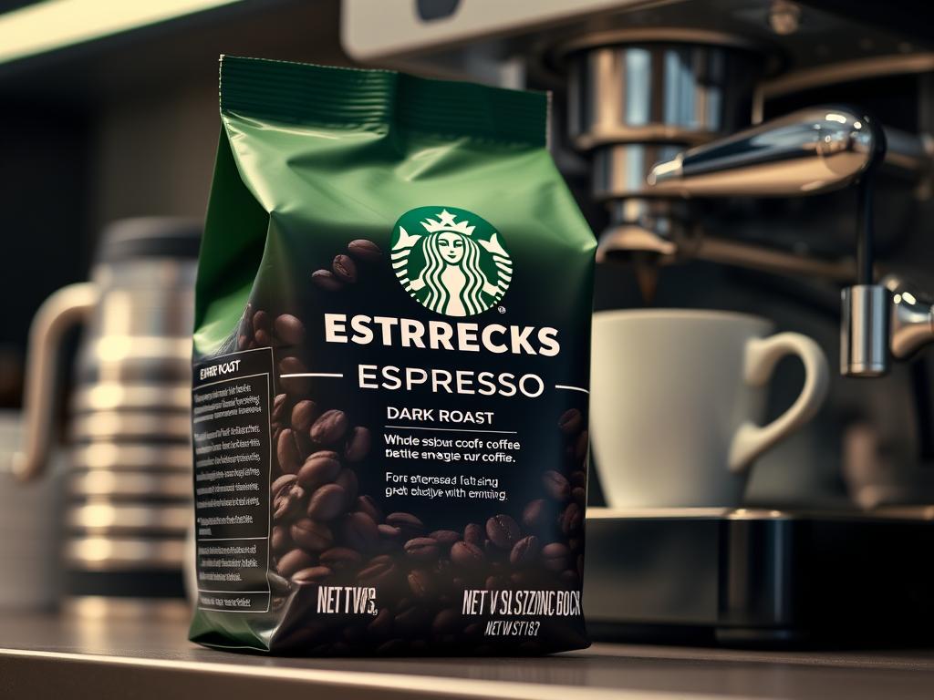 Starbucks Espresso Dark Roast package with espresso being prepared Starbucks Espresso Dark Roast package with espresso being prepared