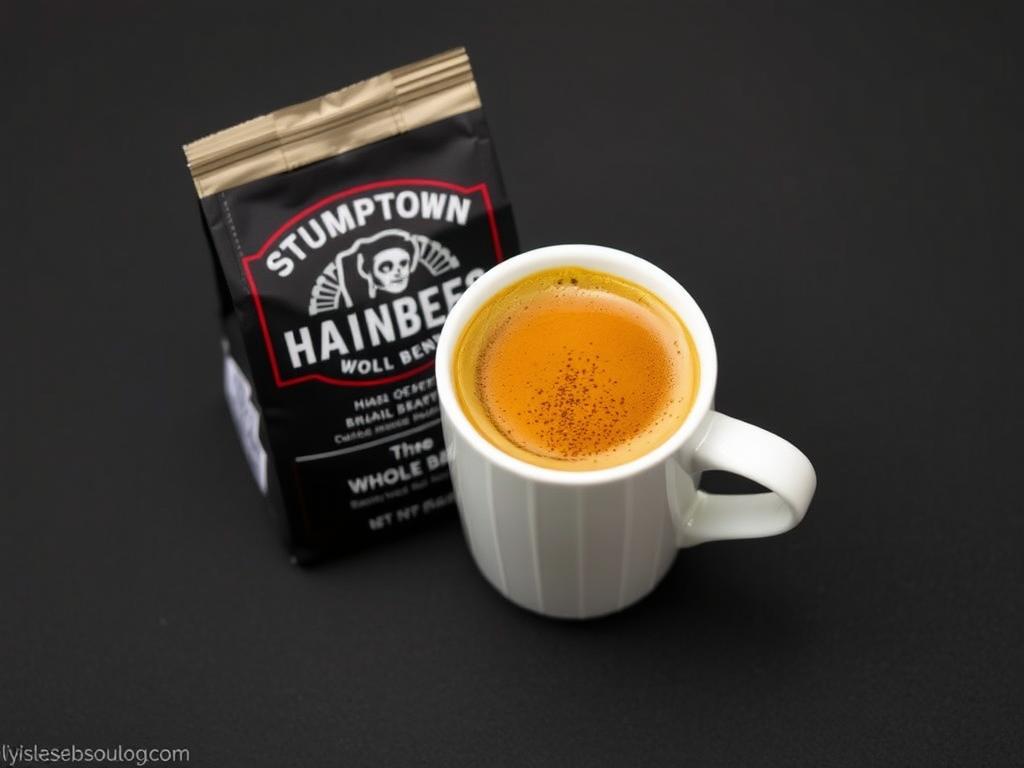 Stumptown Hair Bender package with espresso in a cup showing crema Stumptown Hair Bender package with espresso in a cup showing crema