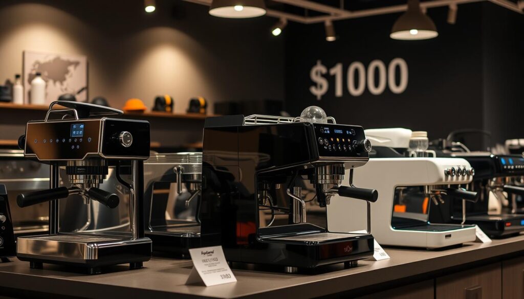 Various espresso machines displayed in a showroom with price tags