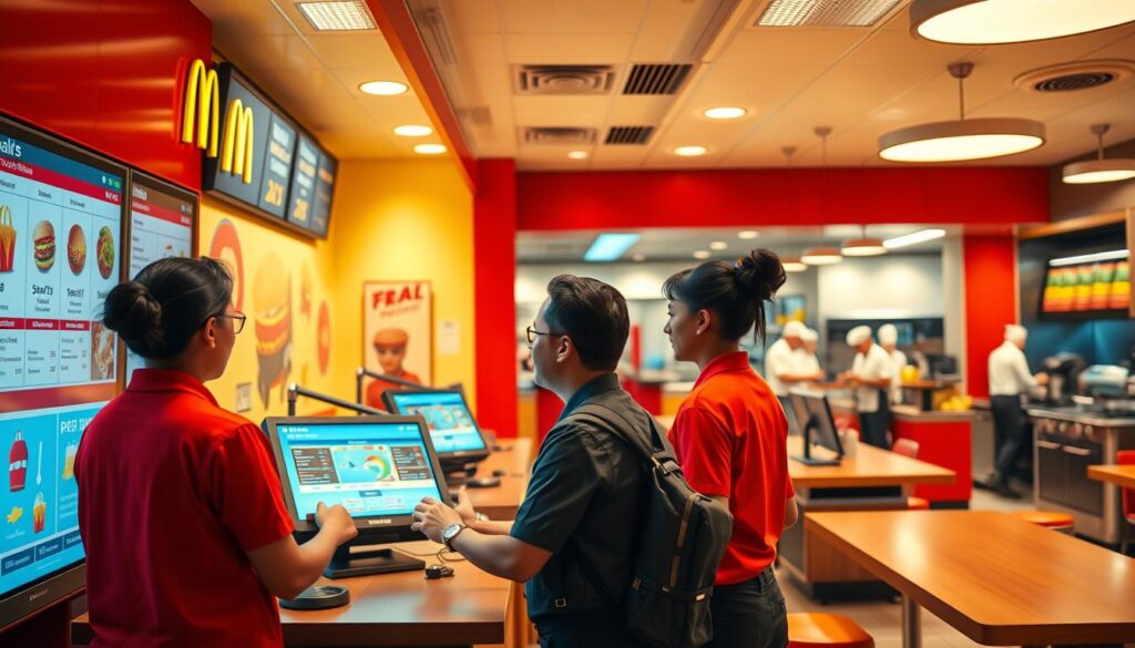 Vibrant and engaging McDonald's POS training game set in a modern restaurant interior. Foreground features a customer service counter with menu boards, touch-screen POS terminals, and employees interacting with the game interface. Middle ground showcases the restaurant's bright decor, including bold red and yellow accents, playful graphics, and an energetic ambiance. Background depicts an open kitchen area with chefs and food prep stations, emphasizing the game's connection to real-world restaurant operations. Lighting is warm and flattering, with a slight cinematic flair, creating an immersive and aspirational atmosphere. The overall composition encourages exploration and highlights the game's potential to enhance employee skills and knowledge. Vibrant and engaging McDonald's POS training game set in a modern restaurant interior. Foreground features a customer service counter with menu boards, touch-screen POS terminals, and employees interacting with the game interface. Middle ground showcases the restaurant's bright decor, including bold red and yellow accents, playful graphics, and an energetic ambiance. Background depicts an open kitchen area with chefs and food prep stations, emphasizing the game's connection to real-world restaurant operations. Lighting is warm and flattering, with a slight cinematic flair, creating an immersive and aspirational atmosphere. The overall composition encourages exploration and highlights the game's potential to enhance employee skills and knowledge.