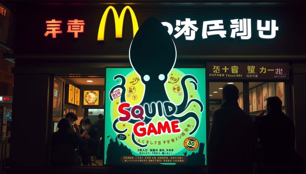 Vibrant neon-lit scene of a McDonald's restaurant facade, with a prominent "Squid Game" themed meal promotion display in the foreground. The display features a large, stylized silhouette of a squid, surrounded by colorful Korean-inspired graphics and signage. Patrons can be seen through the restaurant's windows, enjoying the unique "Squid Game" inspired menu items. The overall atmosphere is a striking blend of fast-food branding and the dystopian aesthetic of the popular Netflix series. Dramatic lighting casts dramatic shadows, creating a sense of tension and excitement. The image captures the essence of a modern, innovative marketing campaign that merges the worlds of global pop culture and classic American fast-food. Vibrant neon-lit scene of a McDonald's restaurant facade, with a prominent "Squid Game" themed meal promotion display in the foreground. The display features a large, stylized silhouette of a squid, surrounded by colorful Korean-inspired graphics and signage. Patrons can be seen through the restaurant's windows, enjoying the unique "Squid Game" inspired menu items. The overall atmosphere is a striking blend of fast-food branding and the dystopian aesthetic of the popular Netflix series. Dramatic lighting casts dramatic shadows, creating a sense of tension and excitement. The image captures the essence of a modern, innovative marketing campaign that merges the worlds of global pop culture and classic American fast-food.