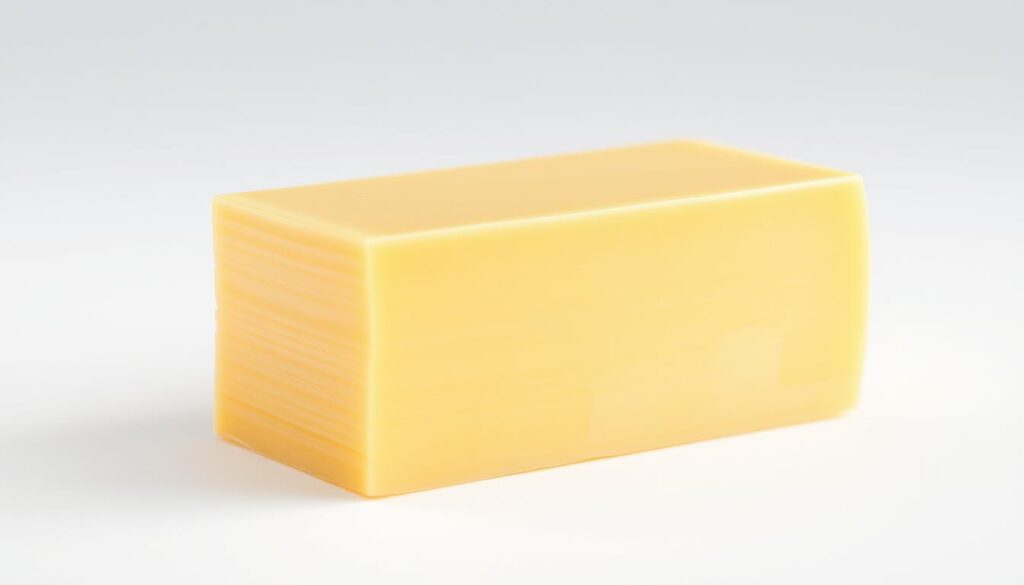 a close-up photorealistic image of a block of pasteurized process american cheese, with a smooth, slightly glistening surface, reflecting the light from a soft, even lighting setup. The cheese is placed on a plain white background, allowing it to be the sole focus of the image. The angle is slightly tilted to showcase the cheese's distinctive layered texture and bright yellow color. The overall mood is clean, simple, and focused, emphasizing the key qualities and characteristics of this common ingredient. a close-up photorealistic image of a block of pasteurized process american cheese, with a smooth, slightly glistening surface, reflecting the light from a soft, even lighting setup. The cheese is placed on a plain white background, allowing it to be the sole focus of the image. The angle is slightly tilted to showcase the cheese's distinctive layered texture and bright yellow color. The overall mood is clean, simple, and focused, emphasizing the key qualities and characteristics of this common ingredient.