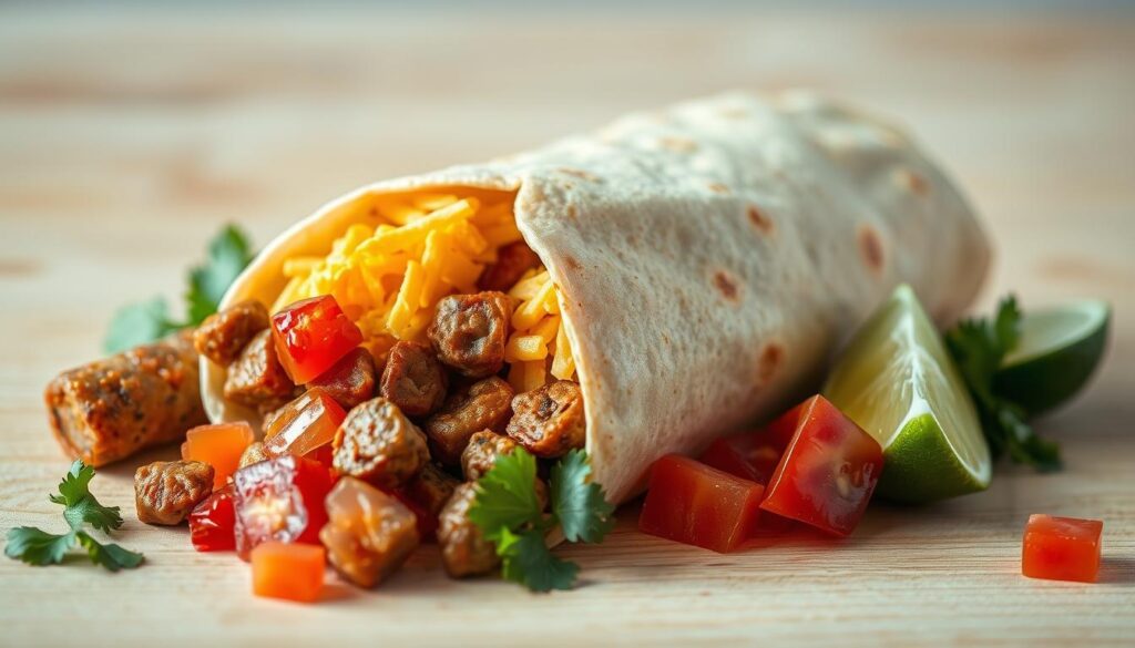 a detailed close-up still life of breakfast burrito ingredients arrayed on a light wooden surface, with soft side lighting creating warm shadows and highlights, capturing the textures and vibrant colors of the various components - fresh flour tortilla, spicy chorizo sausage, scrambled eggs, shredded cheddar cheese, diced tomatoes, fresh cilantro, and a wedge of lime, all arranged in an appetizing and visually appealing composition that evokes the savory and satisfying nature of a classic Mexican-American breakfast burrito a detailed close-up still life of breakfast burrito ingredients arrayed on a light wooden surface, with soft side lighting creating warm shadows and highlights, capturing the textures and vibrant colors of the various components - fresh flour tortilla, spicy chorizo sausage, scrambled eggs, shredded cheddar cheese, diced tomatoes, fresh cilantro, and a wedge of lime, all arranged in an appetizing and visually appealing composition that evokes the savory and satisfying nature of a classic Mexican-American breakfast burrito