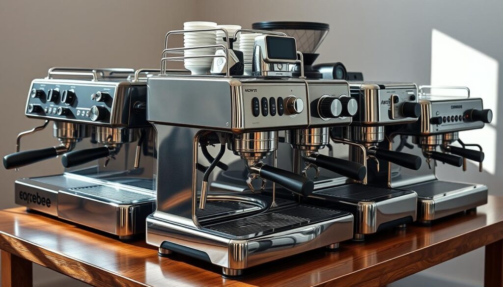 high-quality, highly detailed, realistic, professional photography, studio lighting, natural light, close-up, wide angle, three-quarter view, different types of espresso machines displayed on a wooden table, stainless steel and chrome finishes, various sizes and shapes, fully featured with knobs, buttons, and other control elements, showcasing the intricate designs and textures, strong shadows and highlights, warm color tones, creating a sense of depth and dimension, capturing the technical and functional aspects of these espresso machines high-quality, highly detailed, realistic, professional photography, studio lighting, natural light, close-up, wide angle, three-quarter view, different types of espresso machines displayed on a wooden table, stainless steel and chrome finishes, various sizes and shapes, fully featured with knobs, buttons, and other control elements, showcasing the intricate designs and textures, strong shadows and highlights, warm color tones, creating a sense of depth and dimension, capturing the technical and functional aspects of these espresso machines